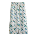 Watercolor Dragonfly Pattern Print Cotton Front Slit Maxi Skirt