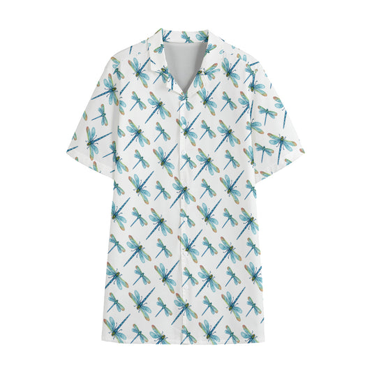 Watercolor Dragonfly Pattern Print Cotton Hawaiian Shirt