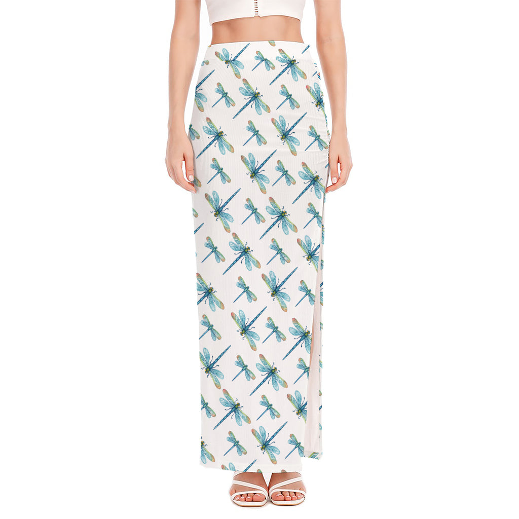 Watercolor Dragonfly Pattern Print High Slit Maxi Skirt
