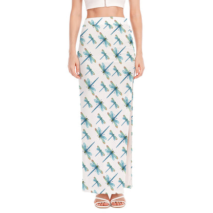 Watercolor Dragonfly Pattern Print High Slit Maxi Skirt