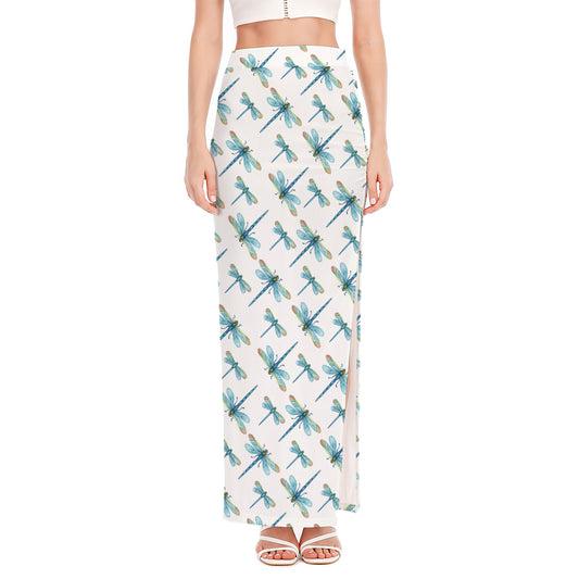 Watercolor Dragonfly Pattern Print High Slit Maxi Skirt