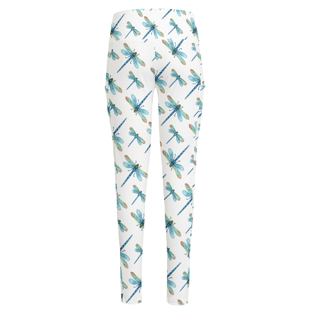 Watercolor Dragonfly Pattern Print High-Waisted Pocket Leggings