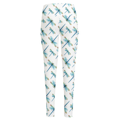 Watercolor Dragonfly Pattern Print High-Waisted Pocket Leggings