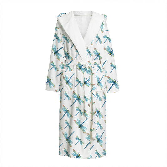 Watercolor Dragonfly Pattern Print Hooded Bathrobe