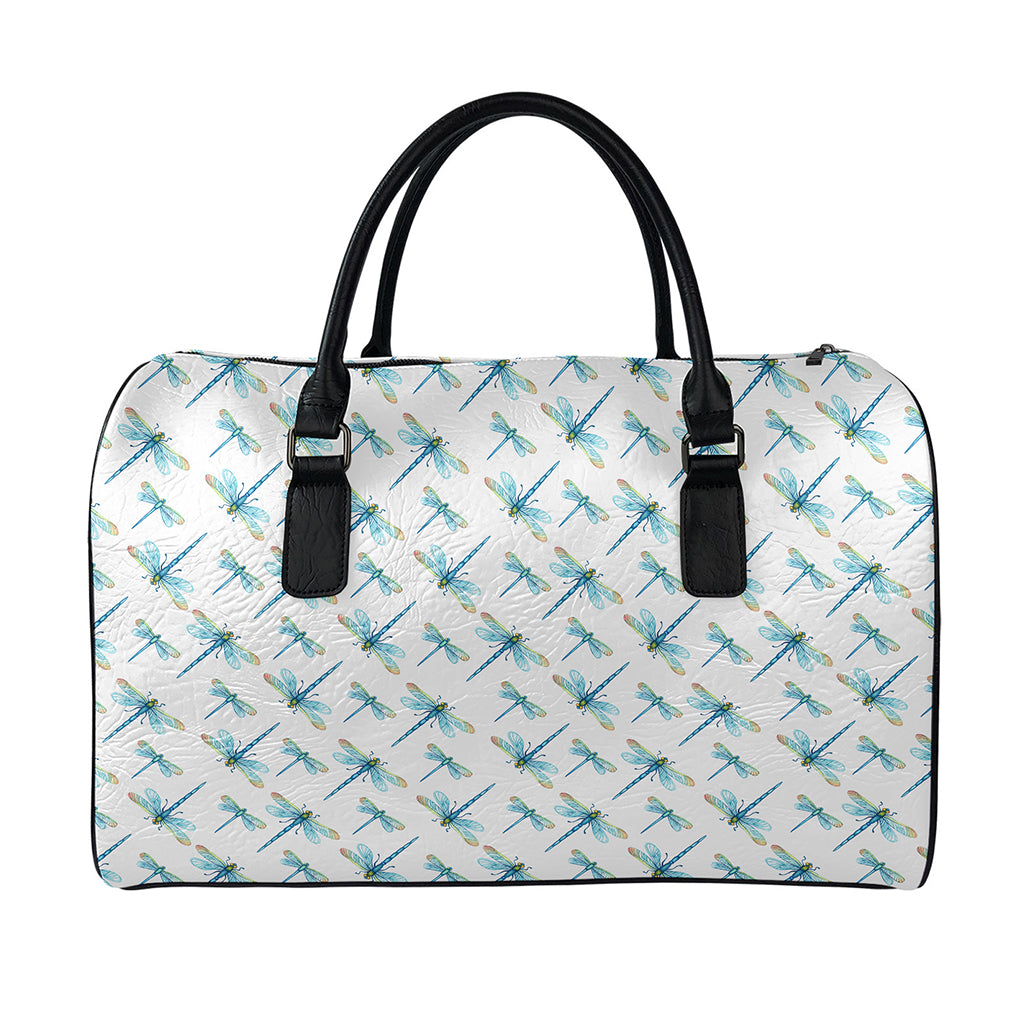 Watercolor Dragonfly Pattern Print Leather Duffle Bag