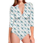 Watercolor Dragonfly Pattern Print Long Sleeve Swimsuit