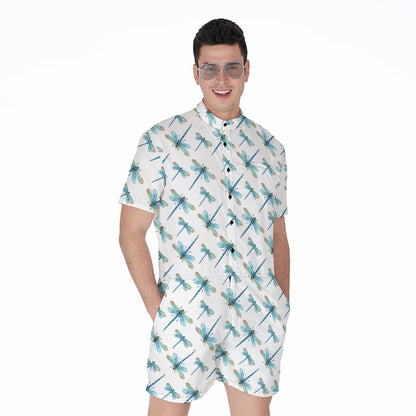 Watercolor Dragonfly Pattern Print Men's Rompers