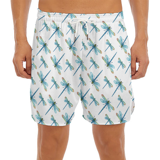 Watercolor Dragonfly Pattern Print Men's Split Running Shorts