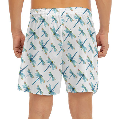 Watercolor Dragonfly Pattern Print Men's Split Running Shorts