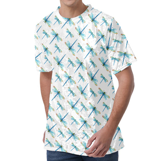 Watercolor Dragonfly Pattern Print Men's Velvet T-Shirt