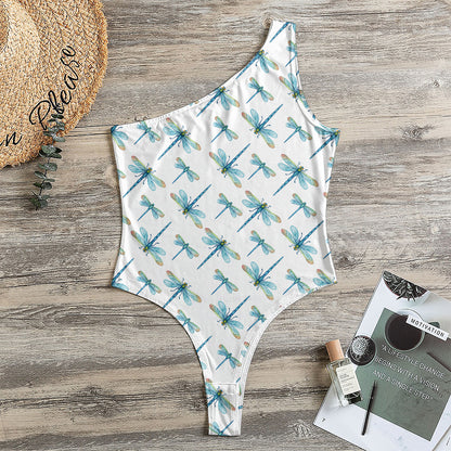 Watercolor Dragonfly Pattern Print One Shoulder Bodysuit