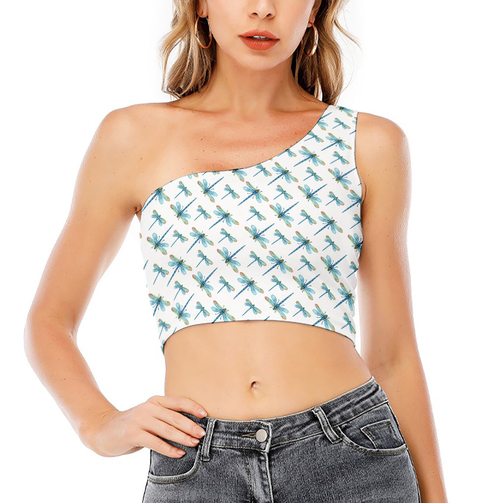 Watercolor Dragonfly Pattern Print One Shoulder Crop Top
