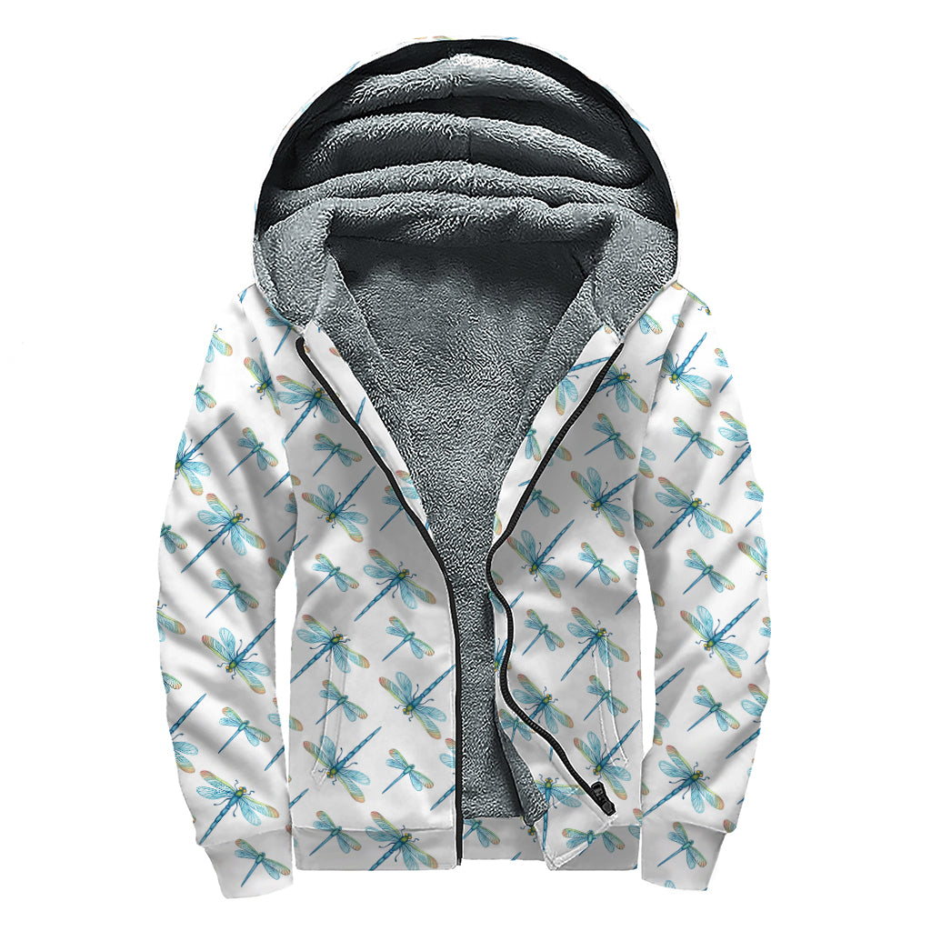 Watercolor Dragonfly Pattern Print Sherpa Lined Zip Up Hoodie