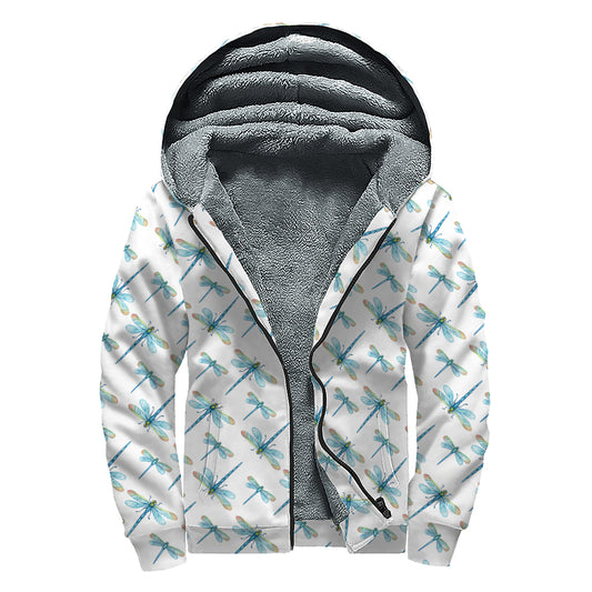 Watercolor Dragonfly Pattern Print Sherpa Lined Zip Up Hoodie