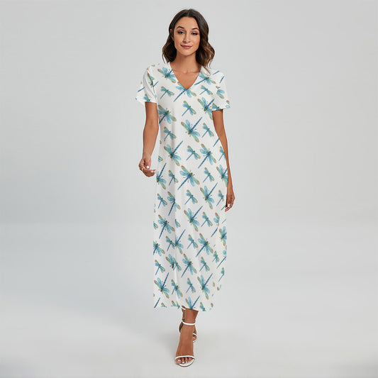 Watercolor Dragonfly Pattern Print Short Sleeve Maxi Dress