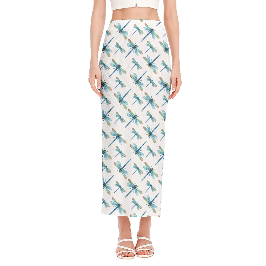 Watercolor Dragonfly Pattern Print Side Slit Maxi Skirt