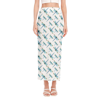 Watercolor Dragonfly Pattern Print Side Slit Maxi Skirt