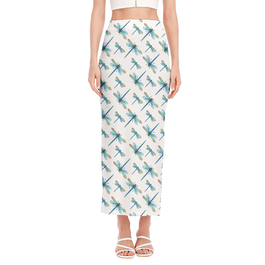 Watercolor Dragonfly Pattern Print Side Slit Maxi Skirt