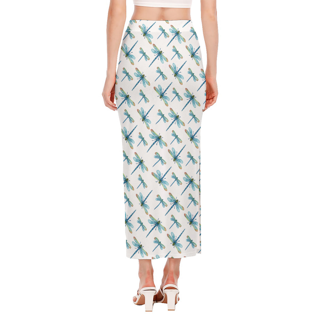 Watercolor Dragonfly Pattern Print Side Slit Maxi Skirt