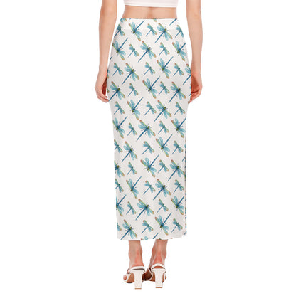 Watercolor Dragonfly Pattern Print Side Slit Maxi Skirt