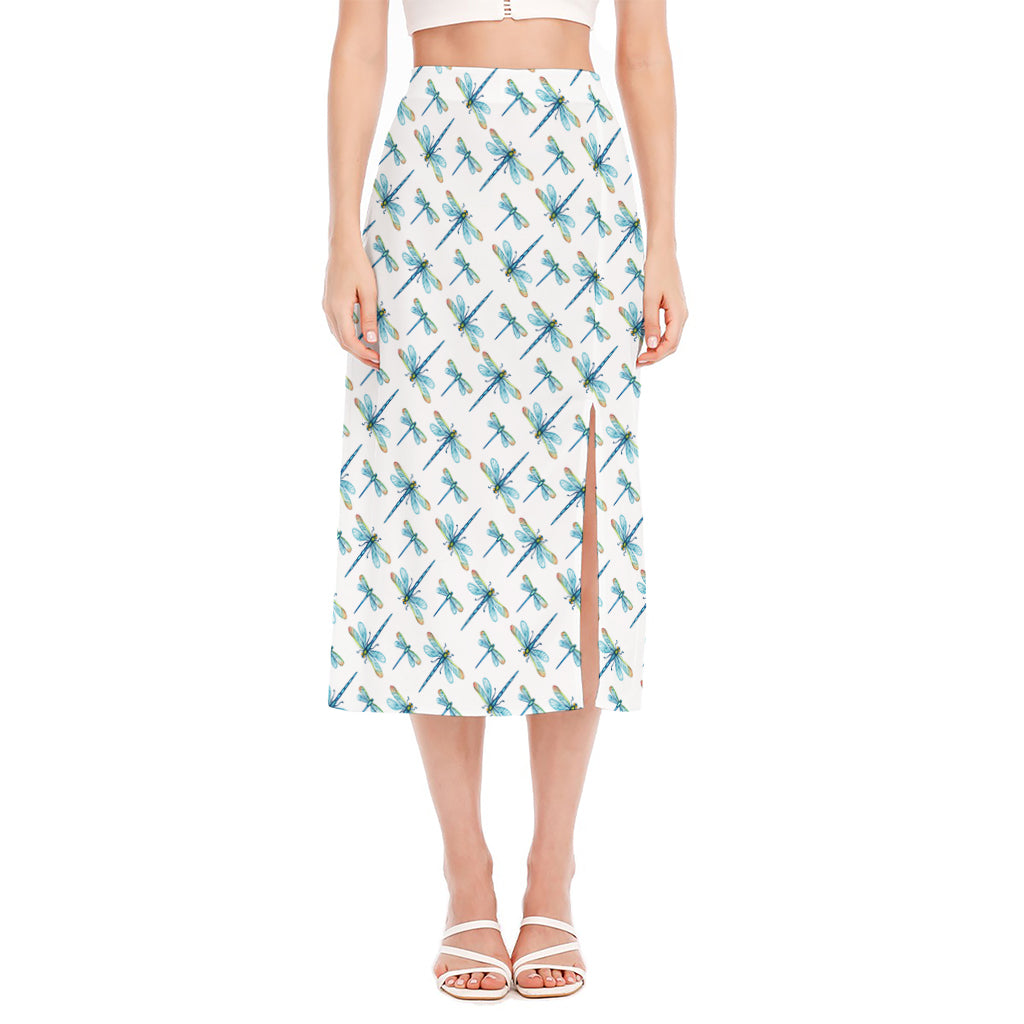 Watercolor Dragonfly Pattern Print Side Slit Midi Skirt