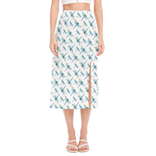 Watercolor Dragonfly Pattern Print Side Slit Midi Skirt