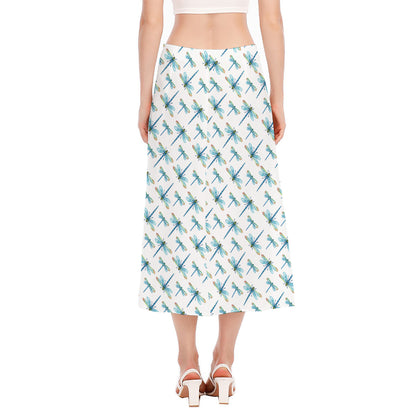 Watercolor Dragonfly Pattern Print Side Slit Midi Skirt
