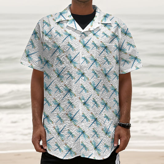 Watercolor Dragonfly Pattern Print Textured Short Sleeve Shirt