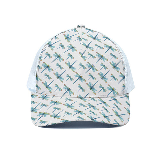 Watercolor Dragonfly Pattern Print White Mesh Trucker Cap