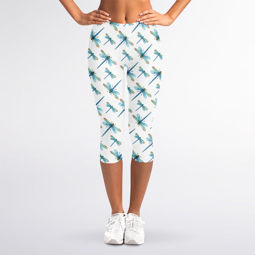 Watercolor Dragonfly Pattern Print Women's Capri Leggings