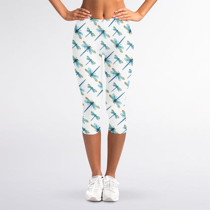 Watercolor Dragonfly Pattern Print Women's Capri Leggings