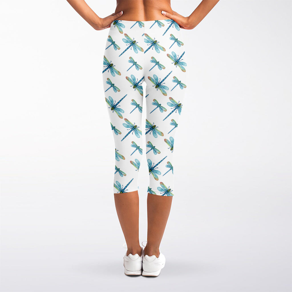 Watercolor Dragonfly Pattern Print Women's Capri Leggings