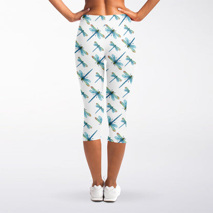 Watercolor Dragonfly Pattern Print Women's Capri Leggings