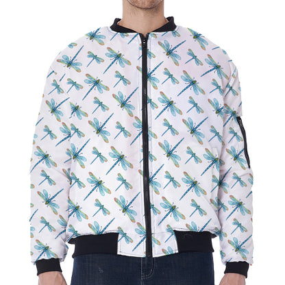 Watercolor Dragonfly Pattern Print Zip Sleeve Bomber Jacket