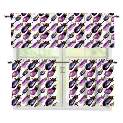 Watercolor Eggplant Pattern Print 3 Piece Kitchen Curtains
