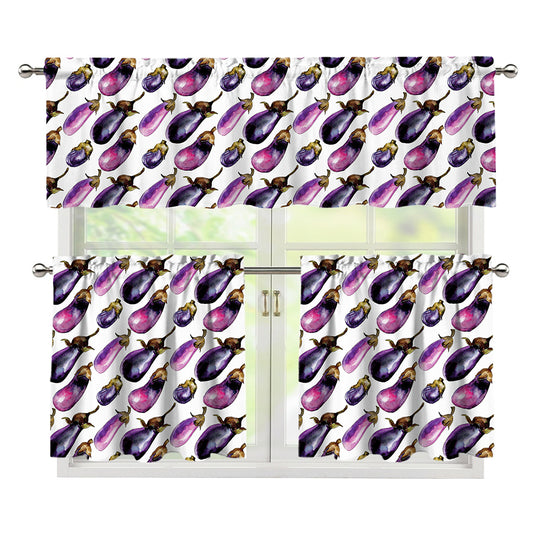 Watercolor Eggplant Pattern Print 3 Piece Kitchen Curtains