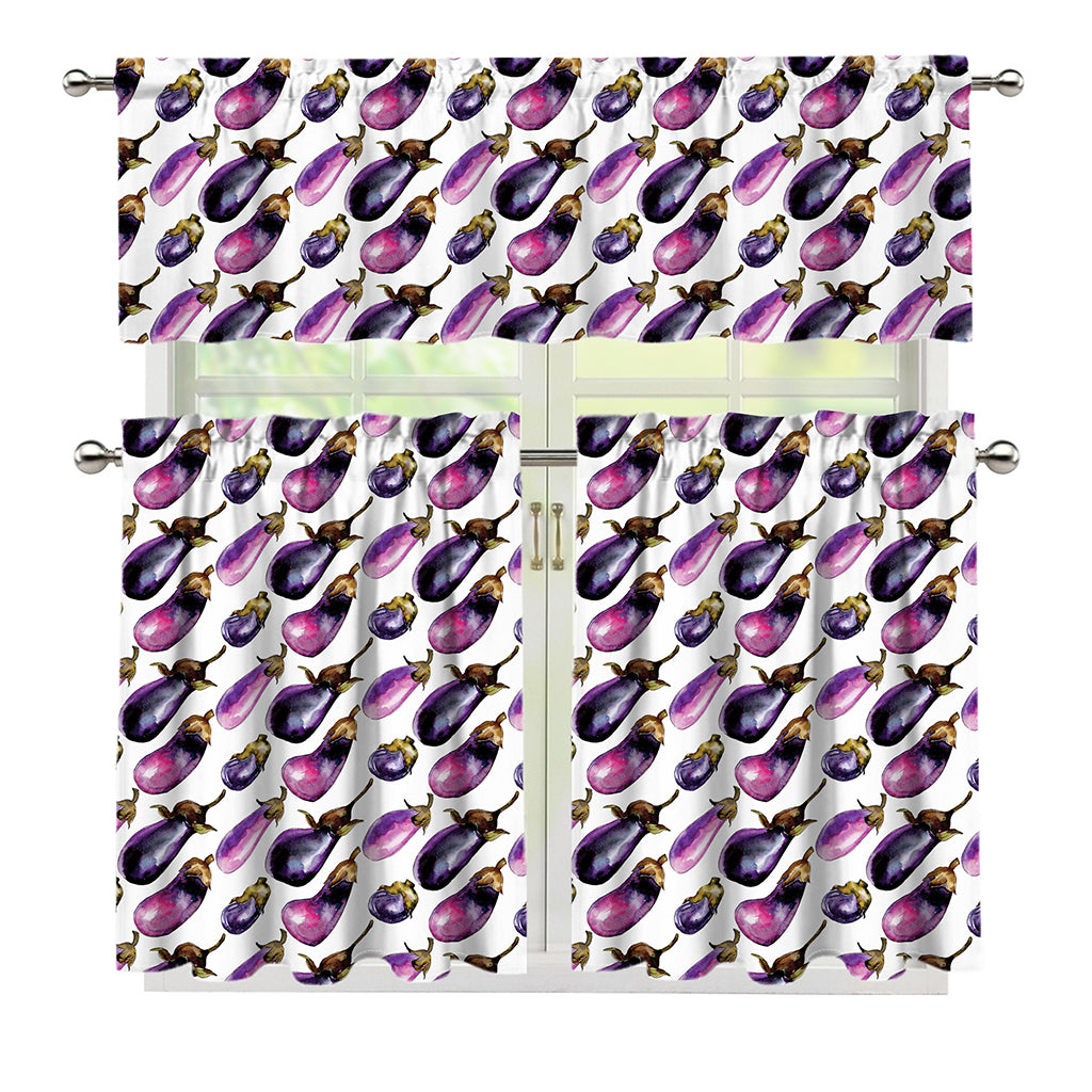 Watercolor Eggplant Pattern Print 3 Piece Kitchen Curtains