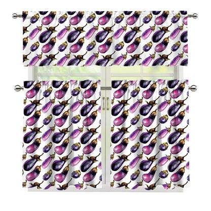 Watercolor Eggplant Pattern Print 3 Piece Kitchen Curtains