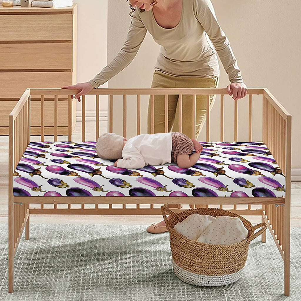 Watercolor Eggplant Pattern Print Baby Crib Sheet