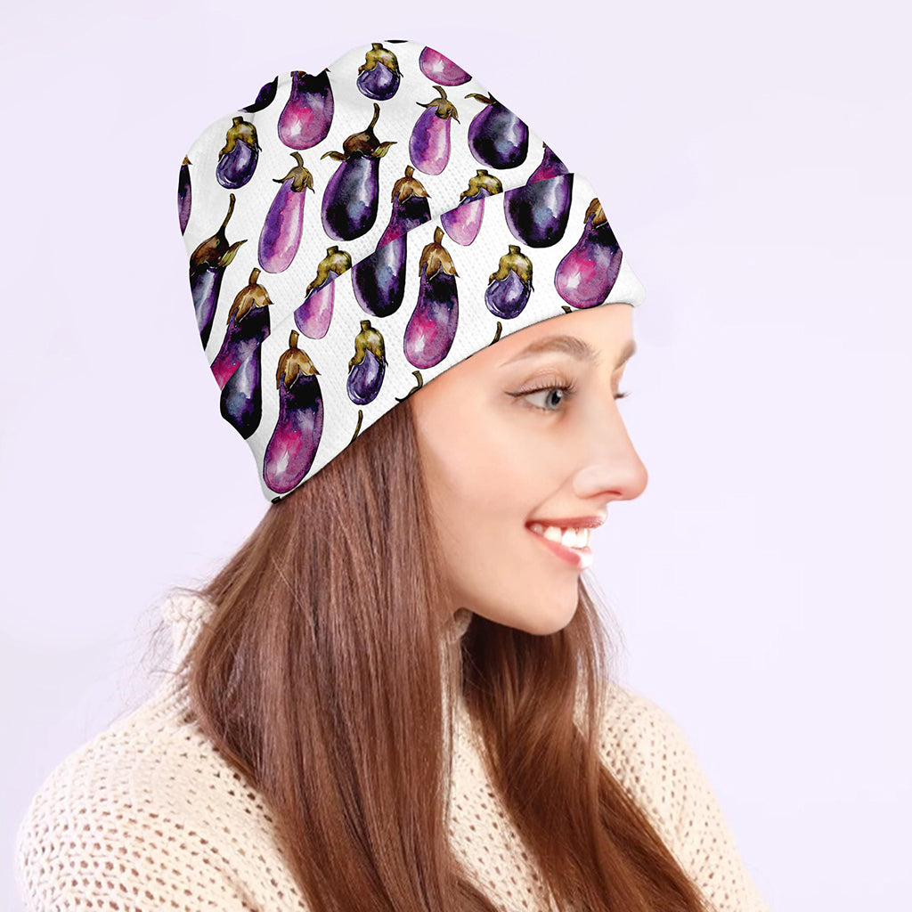 Watercolor Eggplant Pattern Print Beanie