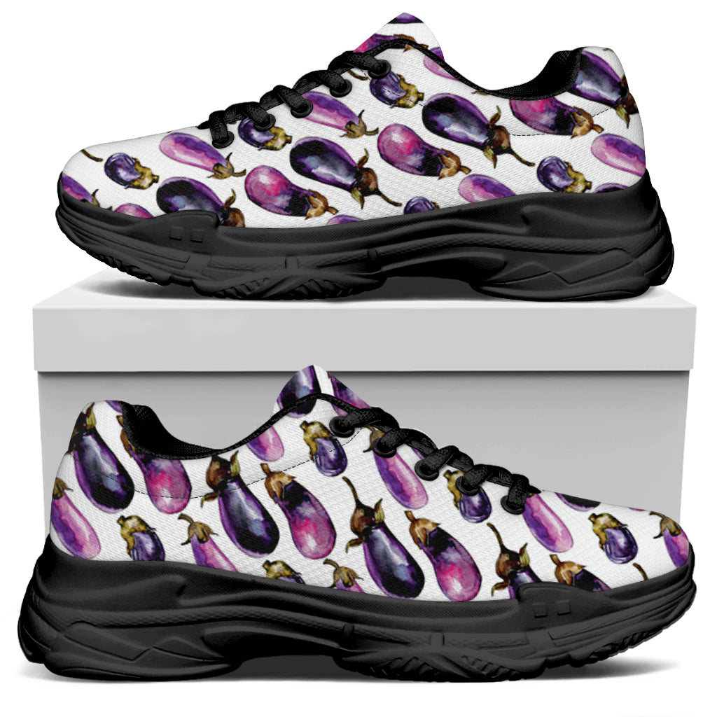 Watercolor Eggplant Pattern Print Black Chunky Shoes