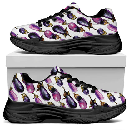 Watercolor Eggplant Pattern Print Black Chunky Shoes