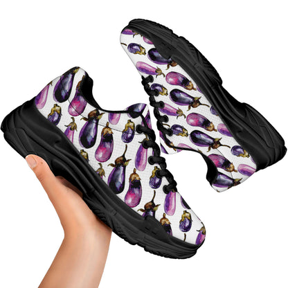 Watercolor Eggplant Pattern Print Black Chunky Shoes