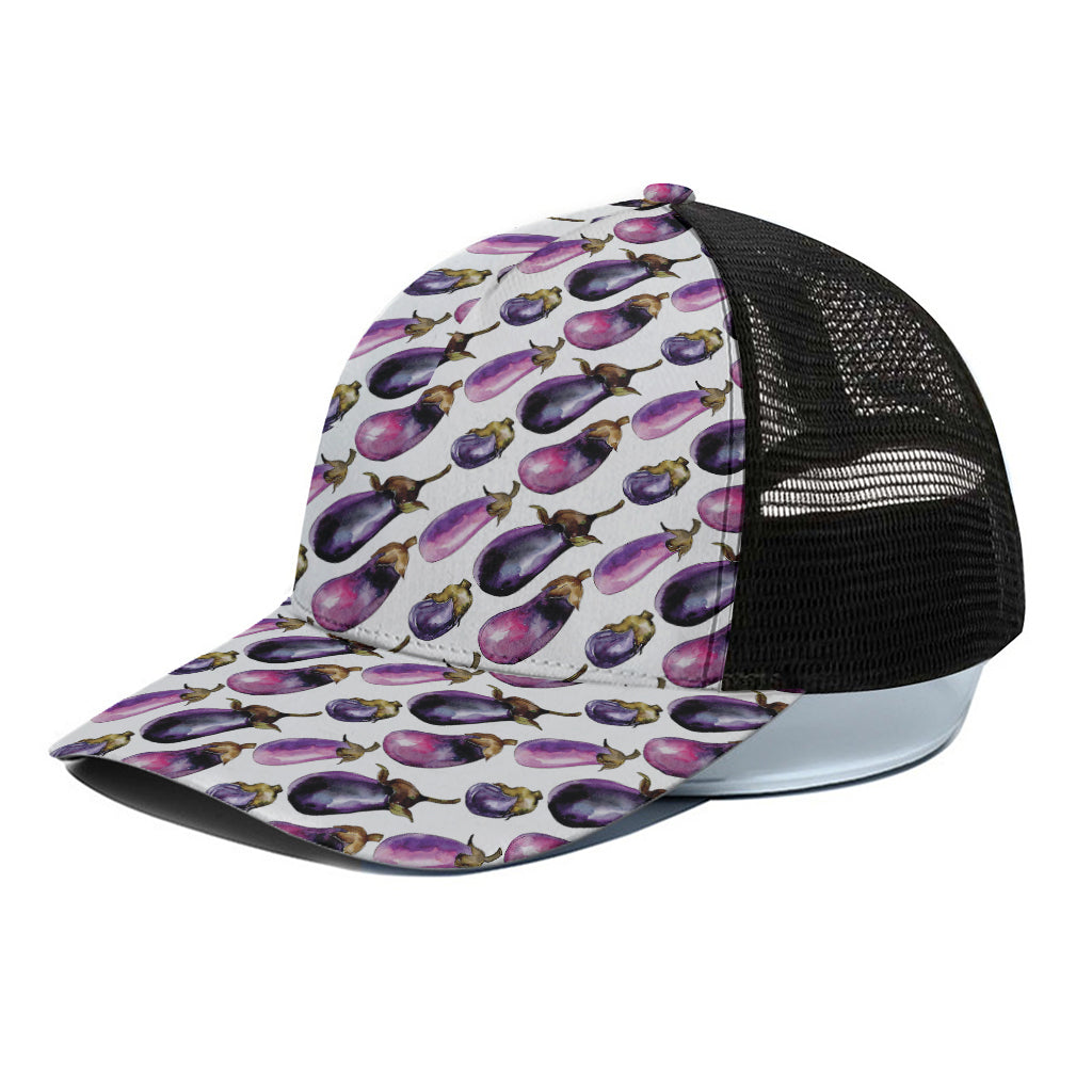 Watercolor Eggplant Pattern Print Black Mesh Trucker Cap