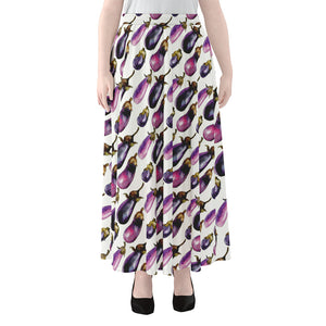 Watercolor Eggplant Pattern Print Chiffon Maxi Skirt