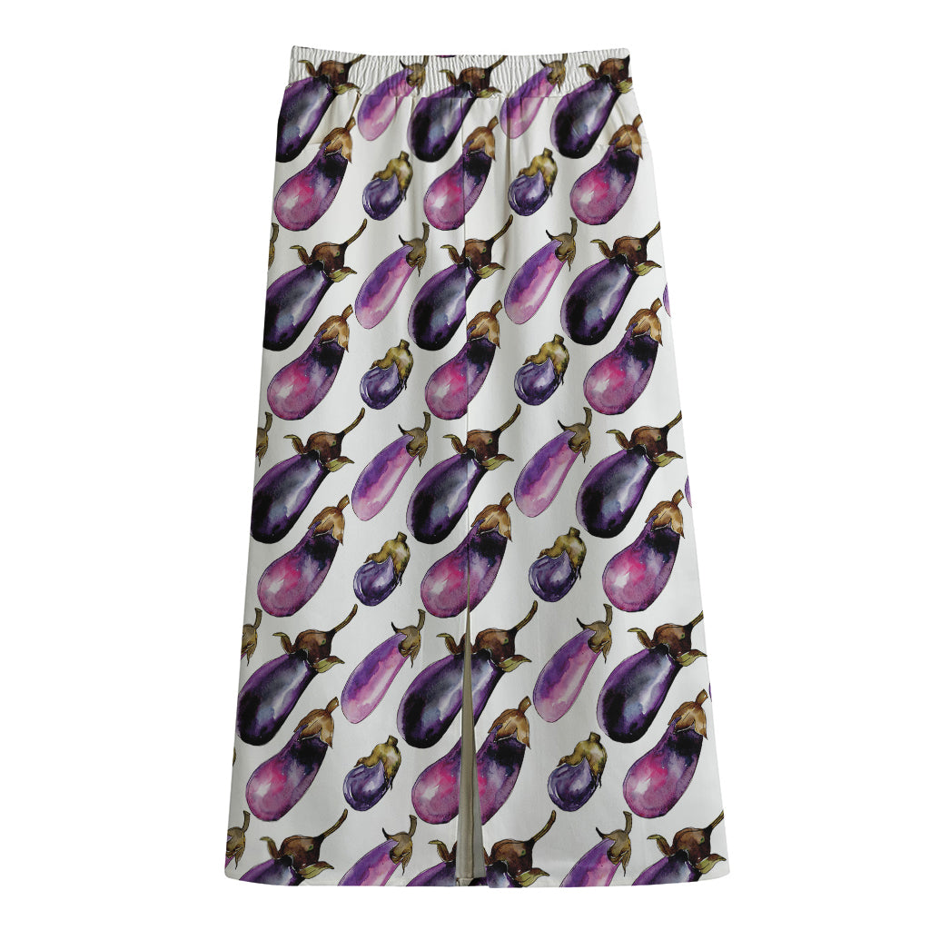 Watercolor Eggplant Pattern Print Cotton Front Slit Maxi Skirt