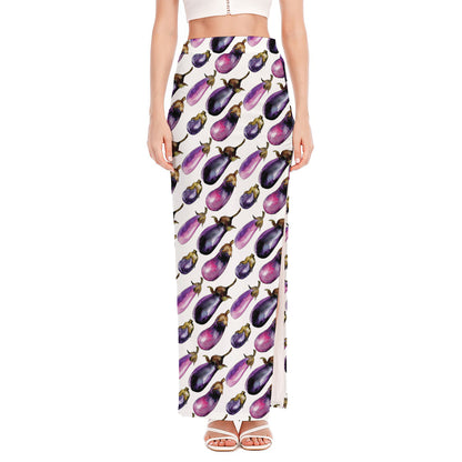 Watercolor Eggplant Pattern Print High Slit Maxi Skirt