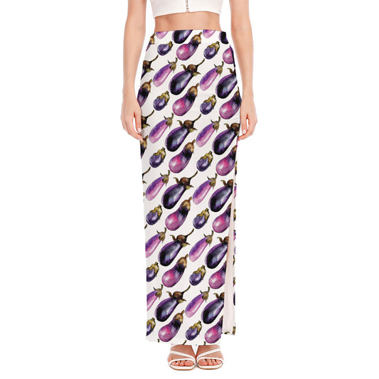 Watercolor Eggplant Pattern Print High Slit Maxi Skirt