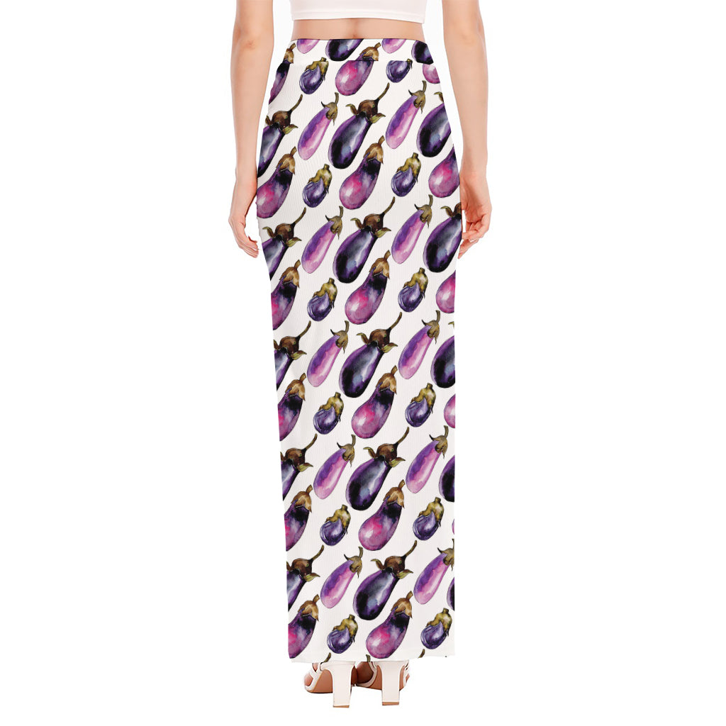 Watercolor Eggplant Pattern Print High Slit Maxi Skirt