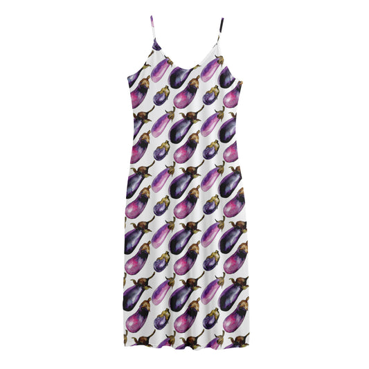 Watercolor Eggplant Pattern Print Jersey Midi Cami Dress